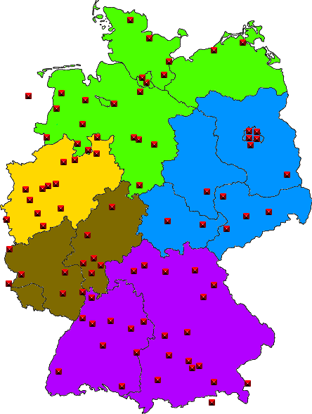Übersichtskarte Regionen mit allen am Spielbetrieb teilnehmenden Vereinen