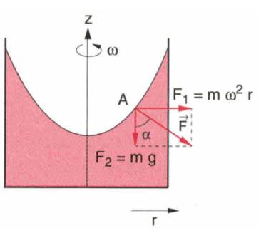 Hydrostatik Oberfläche einer rotierenden Flüssigkeit: Im stationären Zustand: resultierende Kraft muss senkrecht zur