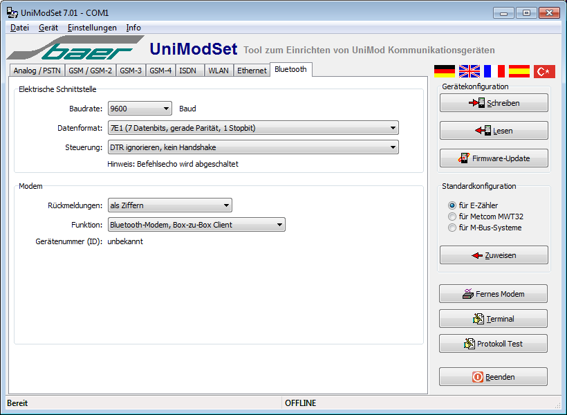 Parametrierung mit der Parametrier-Software UniModSet/MetcomTSet Nach dem Programmstart bitte zuerst die Registerkarte "Bluetooth" anwählen.