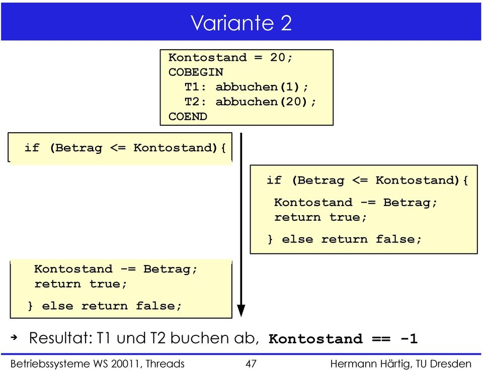 Resultat: T1 und T2 buchen ab, Kontostand == -1 Betriebssysteme WS 20011,