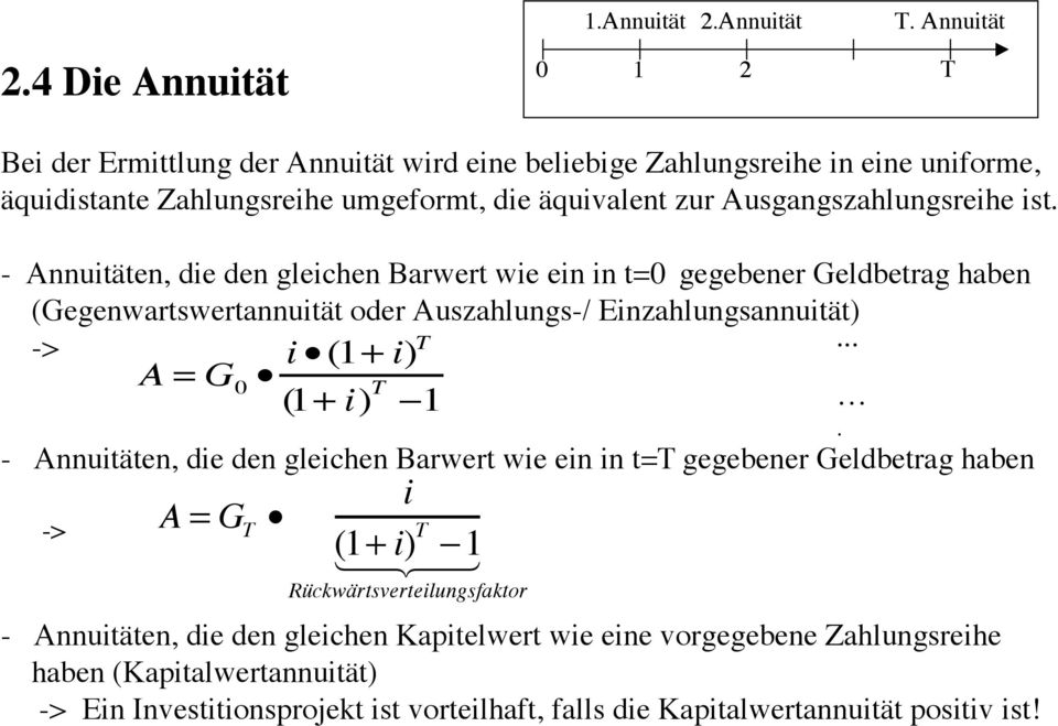 - Annuitäten, die den gleichen Barwert wie ein in t=0 gegebener Geldbetrag haben (Gegenwartswertannuität oder Auszahlungs-/ Einzahlungsannuität) ->... i (1 + i)t A = G 0 (1 + i) T!