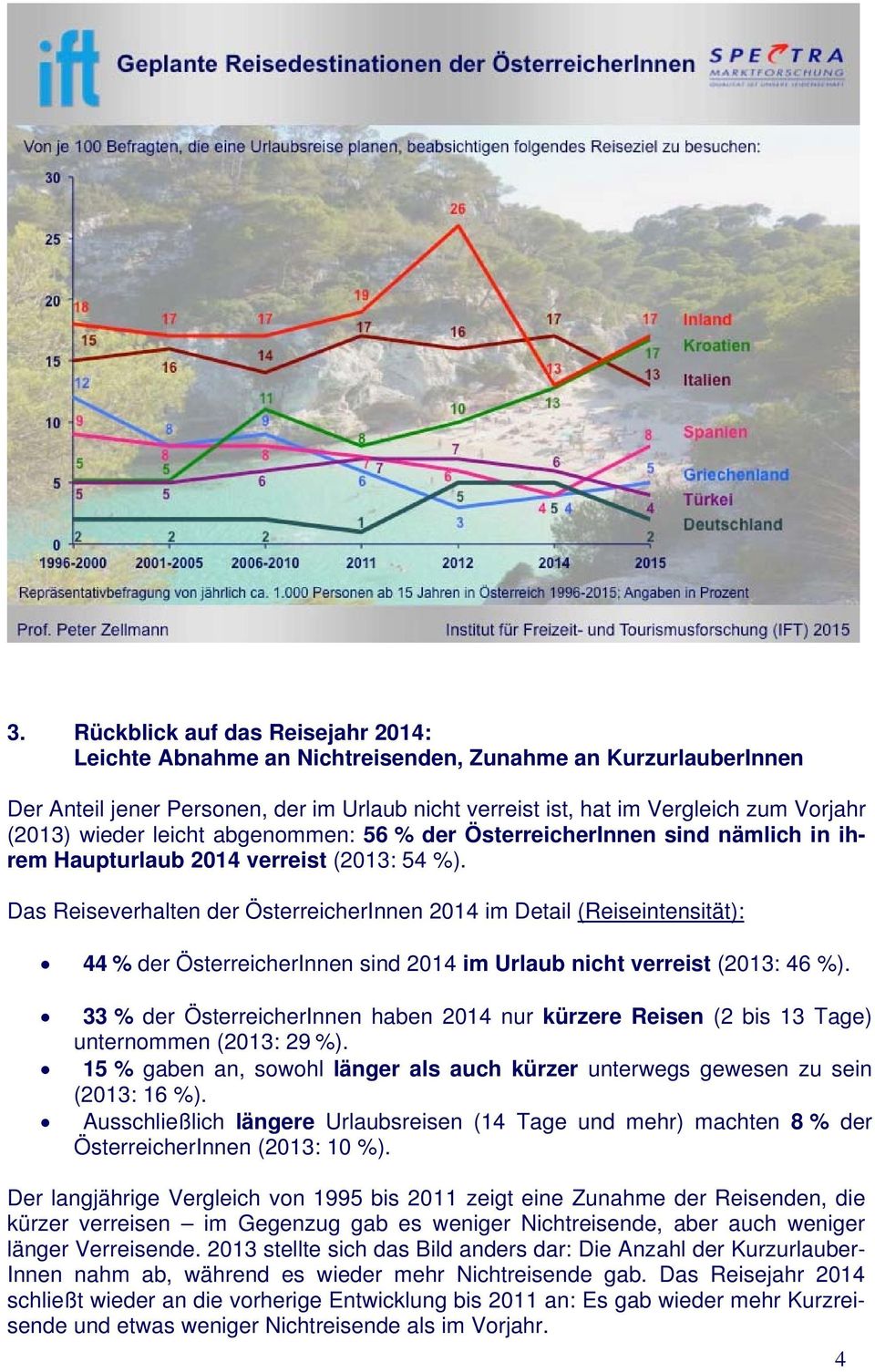 Das Reiseverhalten der ÖsterreicherInnen 2014 im Detail (Reiseintensität): 44 % der ÖsterreicherInnen sind 2014 im Urlaub nicht verreist (2013: 46 %).