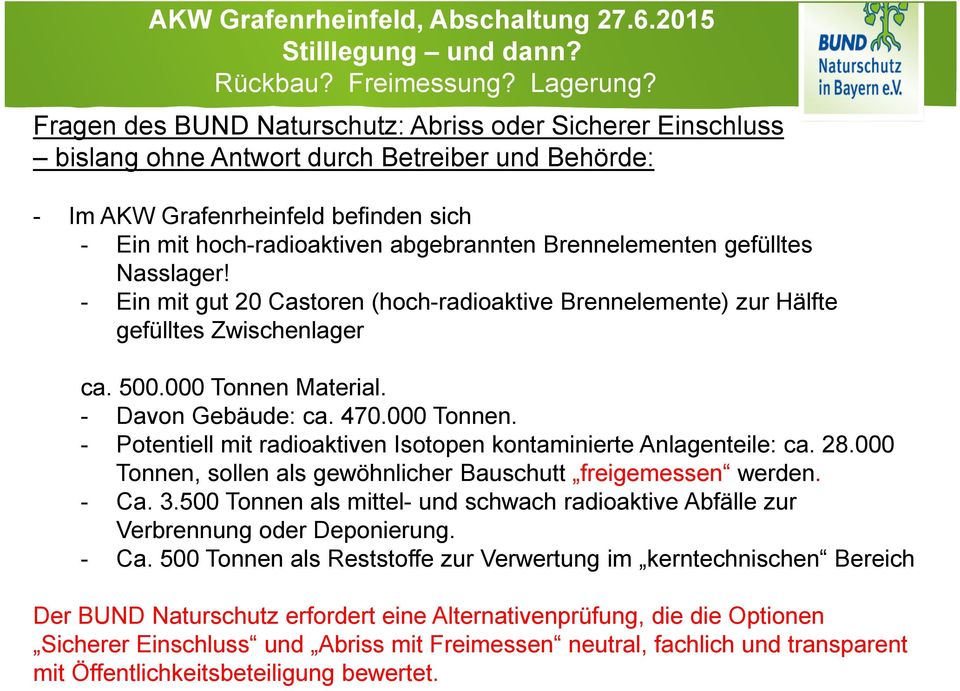 Material. - Davon Gebäude: ca. 470.000 Tonnen. - Potentiell mit radioaktiven Isotopen kontaminierte Anlagenteile: ca. 28.000 Tonnen, sollen als gewöhnlicher Bauschutt freigemessen werden. - Ca. 3.