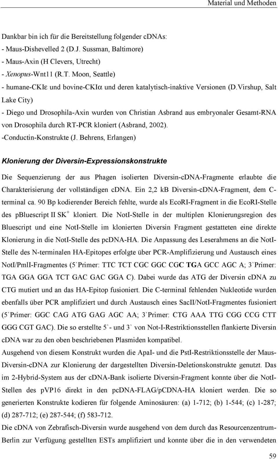 Virshup, Salt Lake City) - Diego und Drosophila-Axin wurden von Christian Asbrand aus embryonaler Gesamt-RNA von Drosophila durch RT-PCR kloniert (Asbrand, 2002). -Conductin-Konstrukte (J.