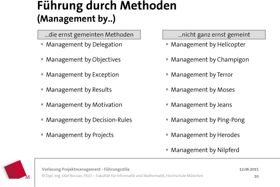 Management by Results Management by Motivation Management by Decision-Rules Management by Projects.