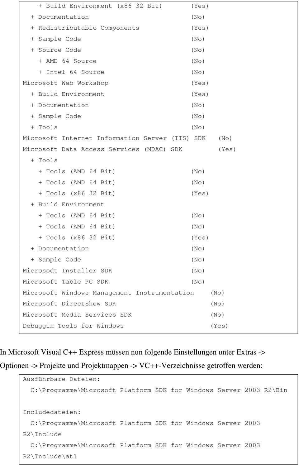 Environment + Tools (x86 32 Bit) (Yes) + Documentation + Sample Code Microsodt Installer SDK Microsoft Table PC SDK Microsoft Windows Management Instrumentation Microsoft DirectShow SDK Microsoft