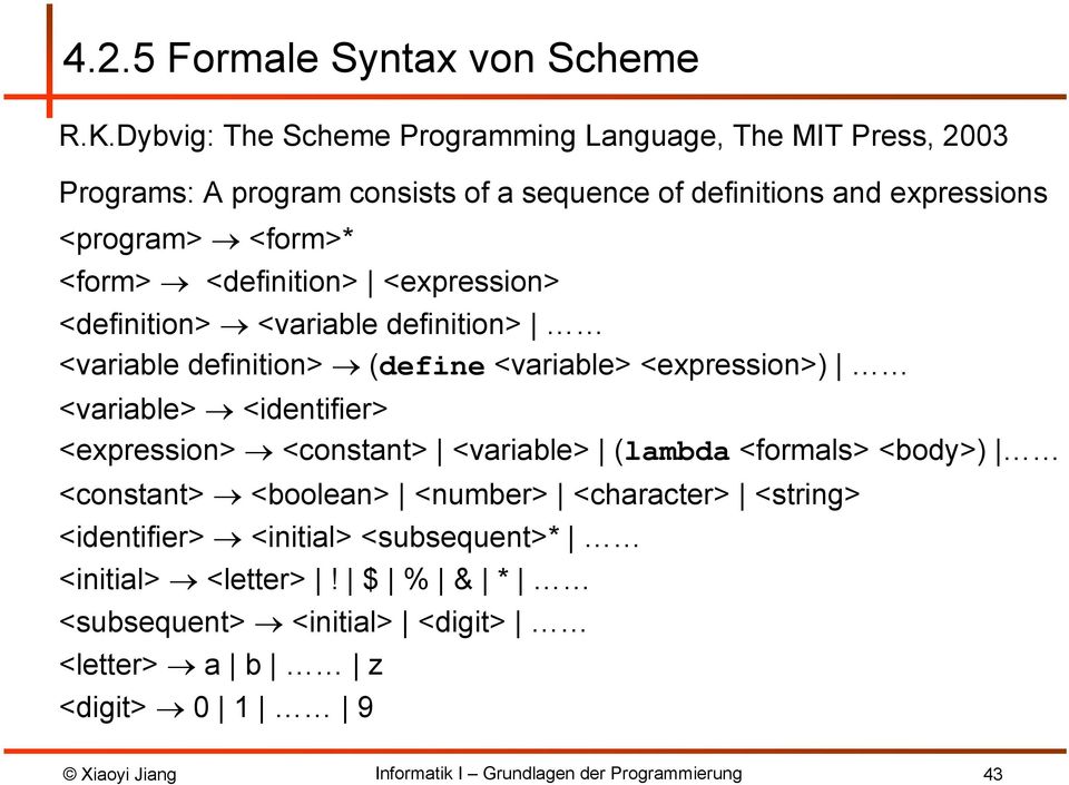 <program> <form>* <form> <definition> <expression> <definition> <variable definition> <variable definition> (define <variable> <expression>)