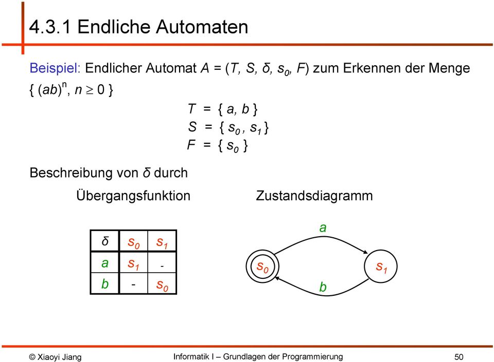 S = { s 0, s 1 } F = { s 0 } Beschreibung von δ durch