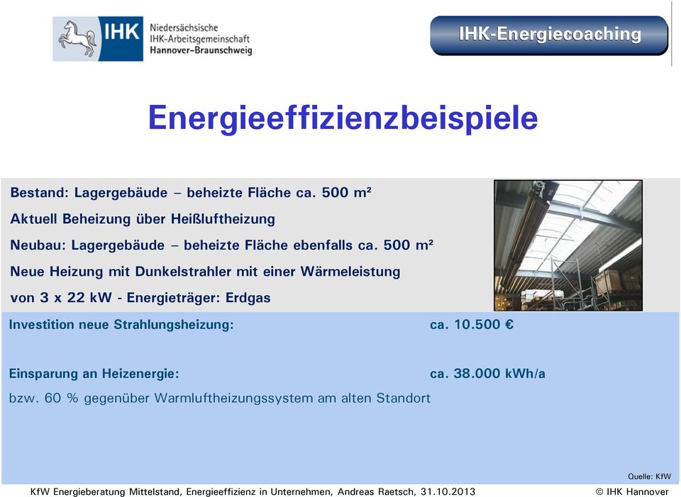 500 m² Neue Heizung mit Dunkelstrahler mit einer Wärmeleistung von 3 x 22 kw - Energieträger: Erdgas