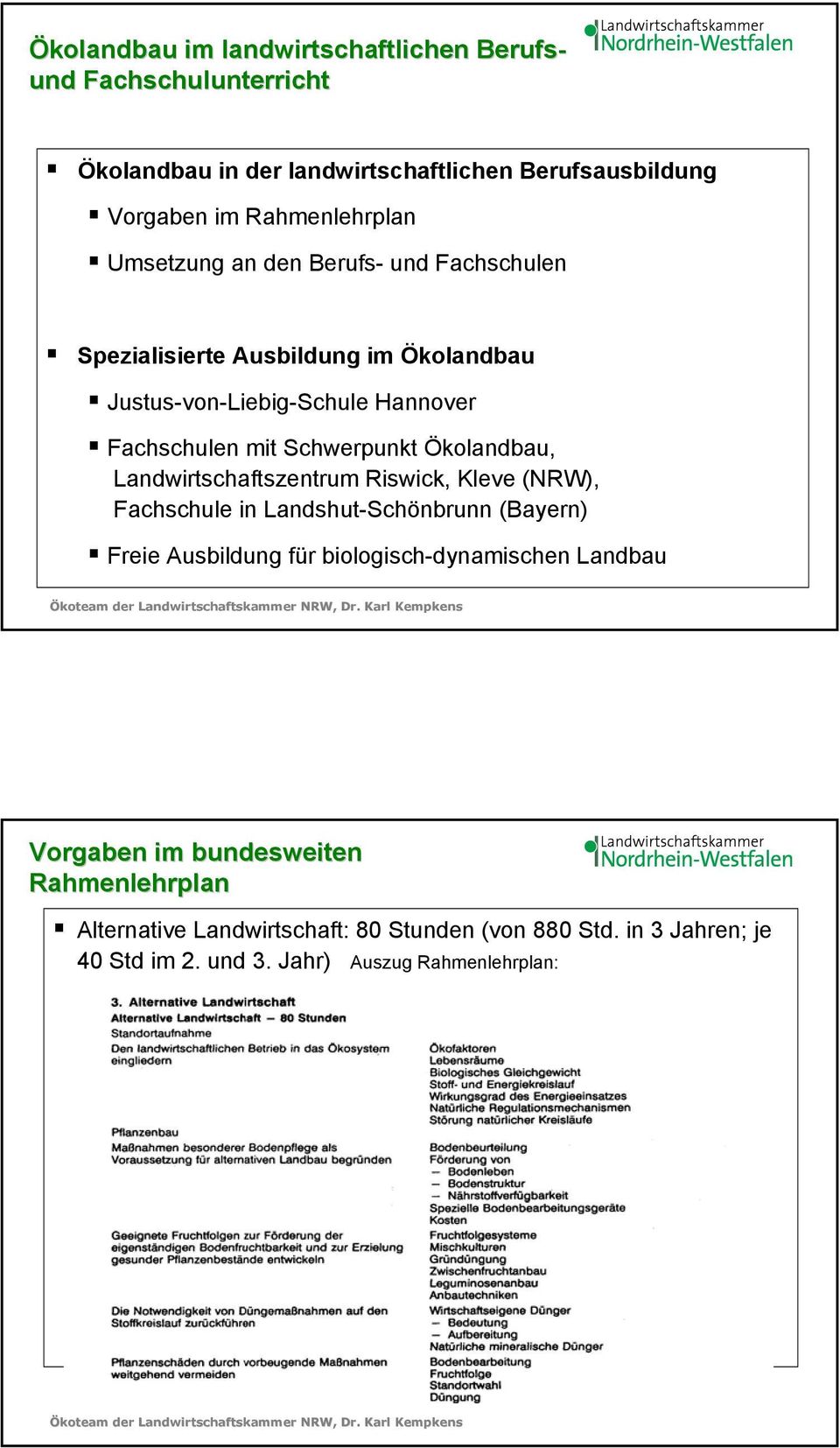 Ökolandbau, Landwirtschaftszentrum Riswick, Kleve (NRW), Fachschule in Landshut-Schönbrunn (Bayern) Freie Ausbildung für biologisch-dynamischen