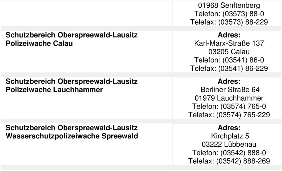 Telefon: (03541) 86-0 Telefax: (03541) 86-229 Berliner Straße 64 01979 Lauchhammer Telefon: