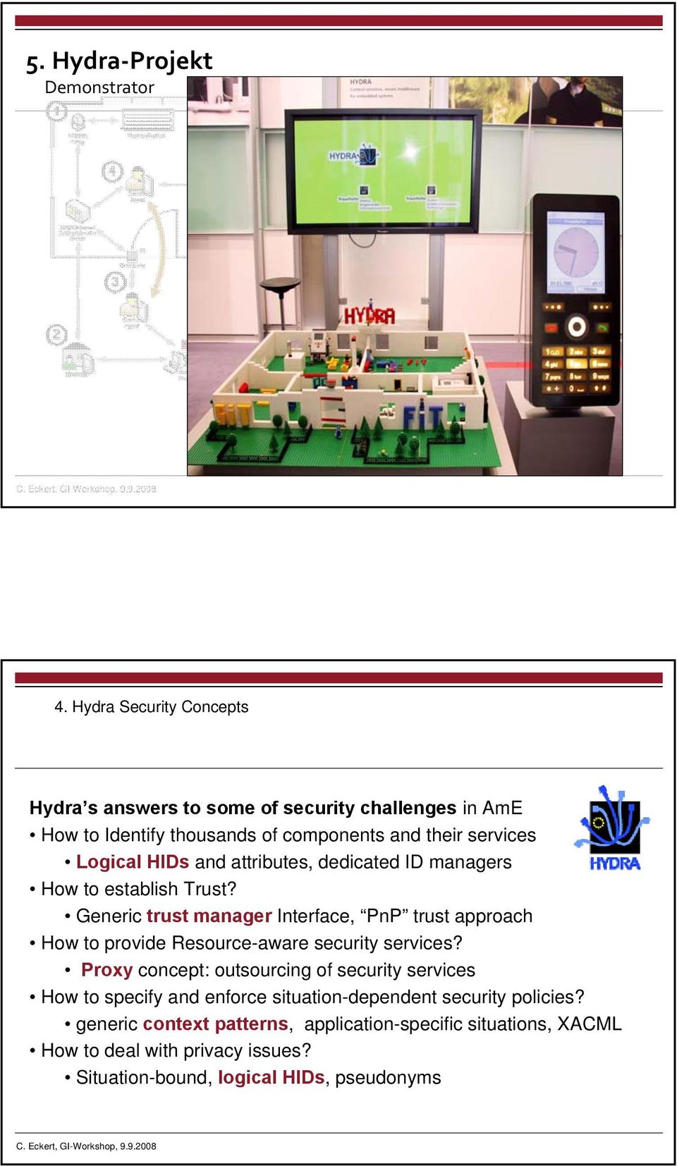 Hydra Security Concepts Hydra s answers to some of security challenges in AmE How to Identify thousands of components and their services Logical HIDs and attributes, dedicated ID managers How to