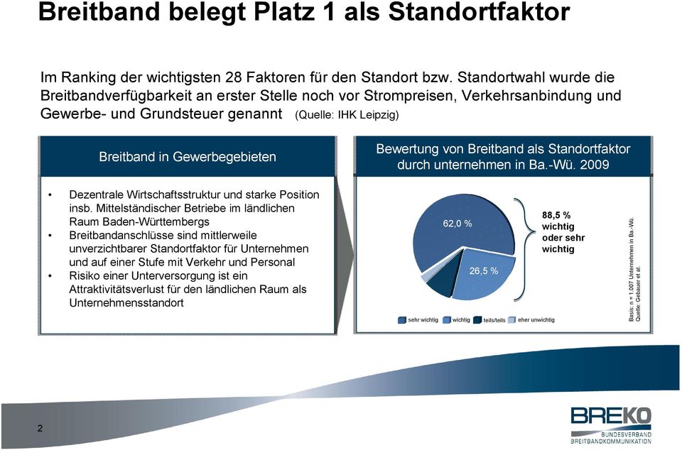 Bewertung von Breitband als Standortfaktor durch unternehmen in Ba.-Wü. 2009 Dezentrale Wirtschaftsstruktur und starke Position insb.