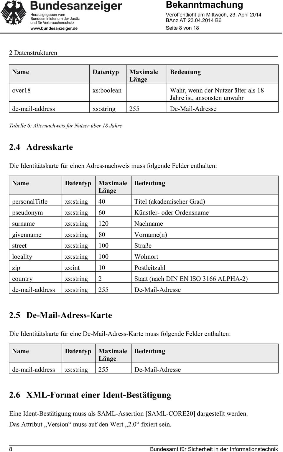 4 Adresskarte Die Identitätskarte für einen Adressnachweis muss folgende Felder enthalten: Name Datentyp Maximale Länge Bedeutung personaltitle xs:string 40 Titel (akademischer Grad) pseudonym