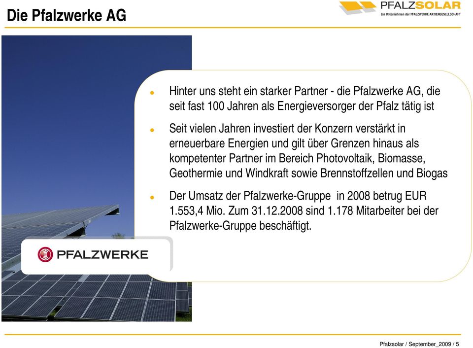 Partner im Bereich Photovoltaik, Biomasse, Geothermie und Windkraft sowie Brennstoffzellen und Biogas Der Umsatz der Pfalzwerke-Gruppe