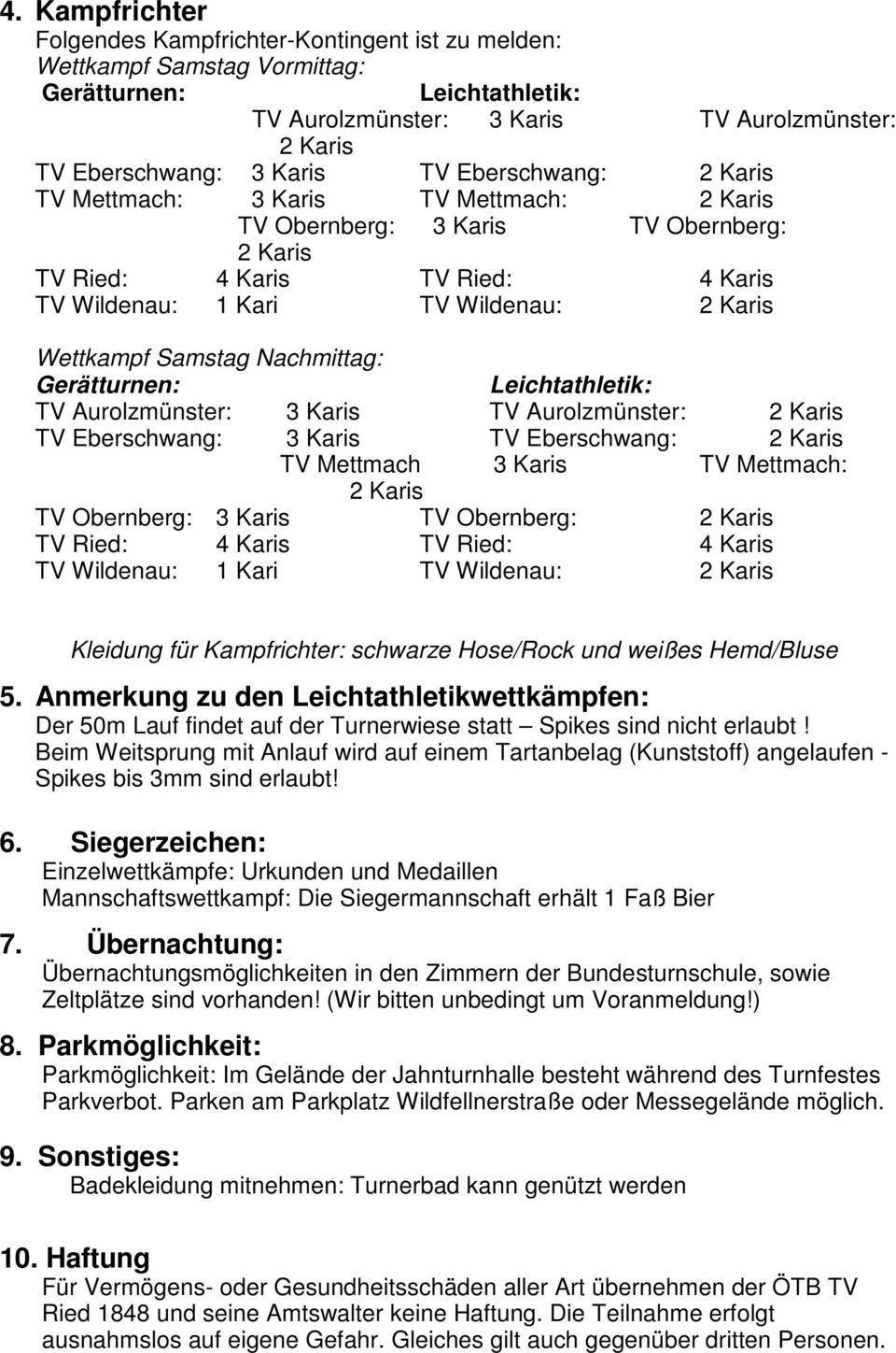 Samstag Nachmittag: Gerätturnen: Leichtathletik: TV Aurolzmünster: 3 Karis TV Aurolzmünster: 2 Karis TV Eberschwang: 3 Karis TV Eberschwang: 2 Karis TV Mettmach 3 Karis TV Mettmach: 2 Karis TV