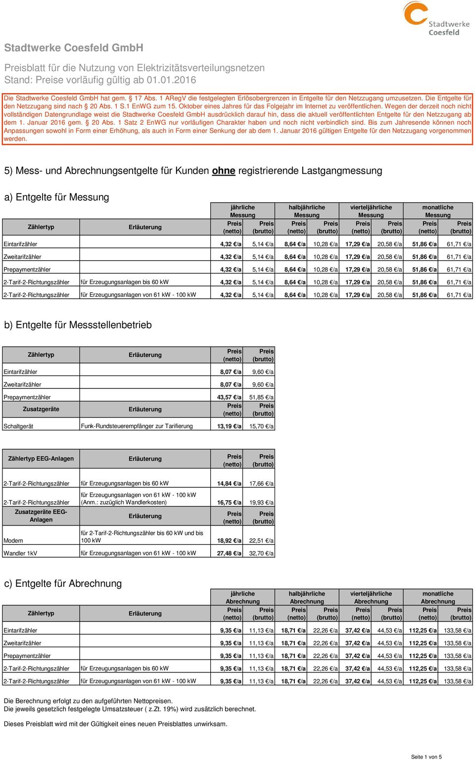 Wegen der derzeit noch nicht vollständigen Datengrundlage weist die Stadtwerke Coesfeld GmbH ausdrücklich darauf hin, dass die aktuell veröffentlichten Entgelte für den Netzzugang ab dem 1.