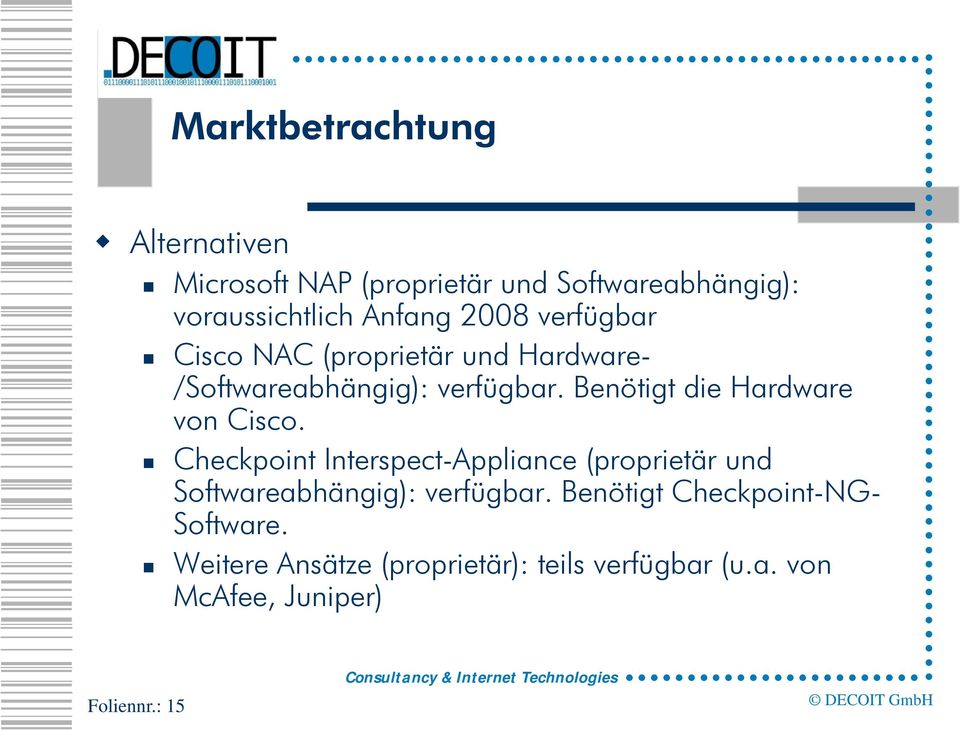 Checkpoint Interspect-Appliance (proprietär und Softwareabhängig): verfügbar Benötigt Checkpoint-NG- Software