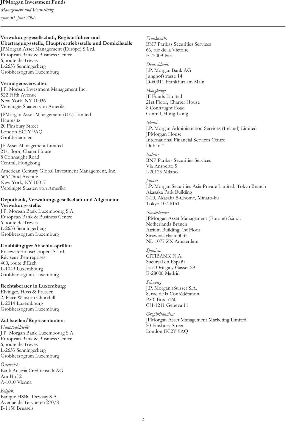 522 Fifth Avenue NewYork, NY 10036 Vereinigte Staaten von Amerika JPMorgan Asset Management (UK) Limited Hauptsitz 20 Finsbury Street London EC2Y 9AQ Großbritannien JF Asset Management Limited 21st