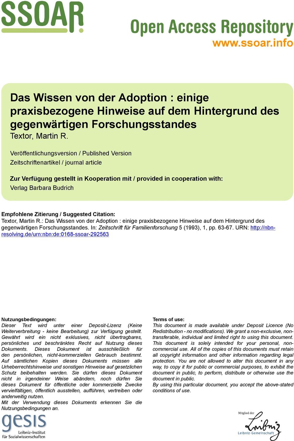 Zitierung / Suggested Citation: Textor, Martin R.: Das Wissen von der Adoption : einige praxisbezogene Hinweise auf dem Hintergrund des gegenwärtigen Forschungsstandes.
