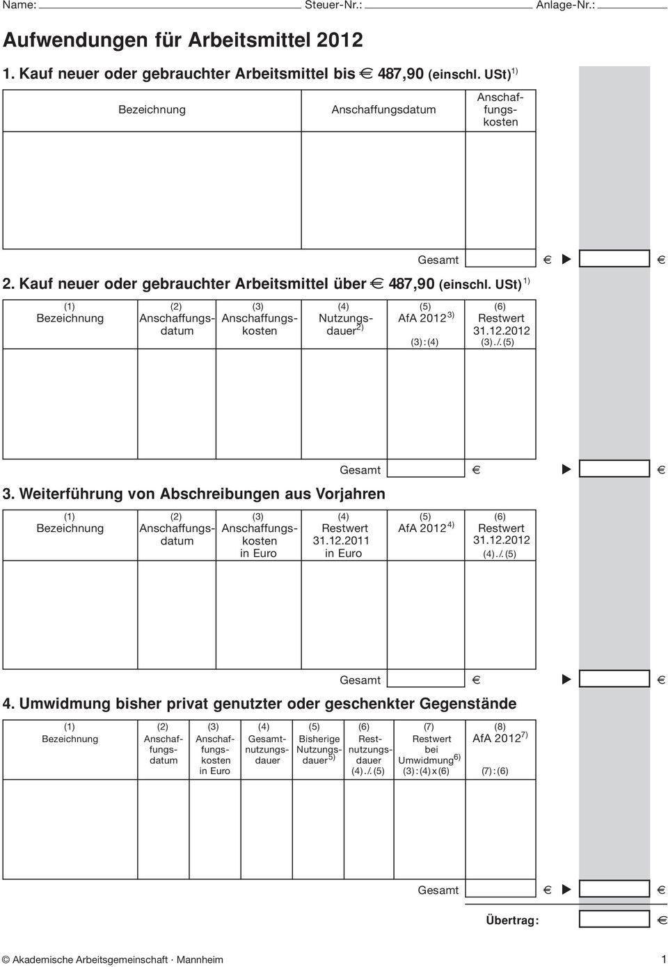 (5) Gsamt 3. Witrführung von Abschribungn aus Vorjahrn ( (2) (3) (4) (5) (6) Bzichnung Anschaffungs- Anschaffungs- Rstwrt 4) AfA 2012 Rstwrt datum kostn in Euro 31.12.2011 in Euro 31.12.2012 (4)./.