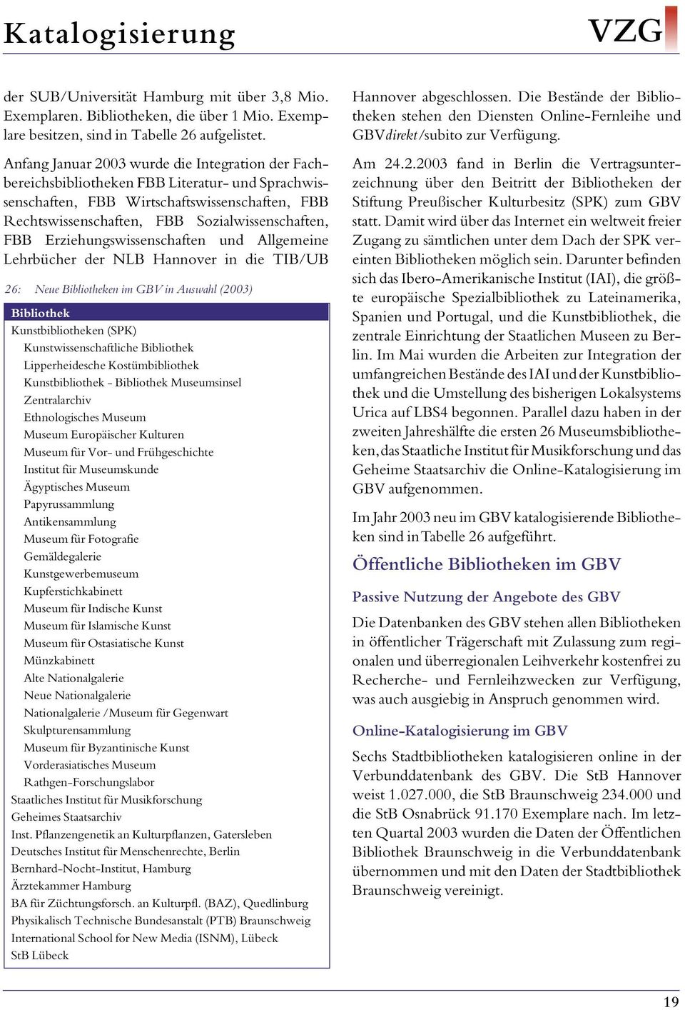 Erziehungswissenschaften und Allgemeine Lehrbücher der NLB Hannover in die TIB/UB 26: Neue Bibliotheken im GBV in Auswahl (2003) Bibliothek Kunstbibliotheken (SPK) Kunstwissenschaftliche Bibliothek