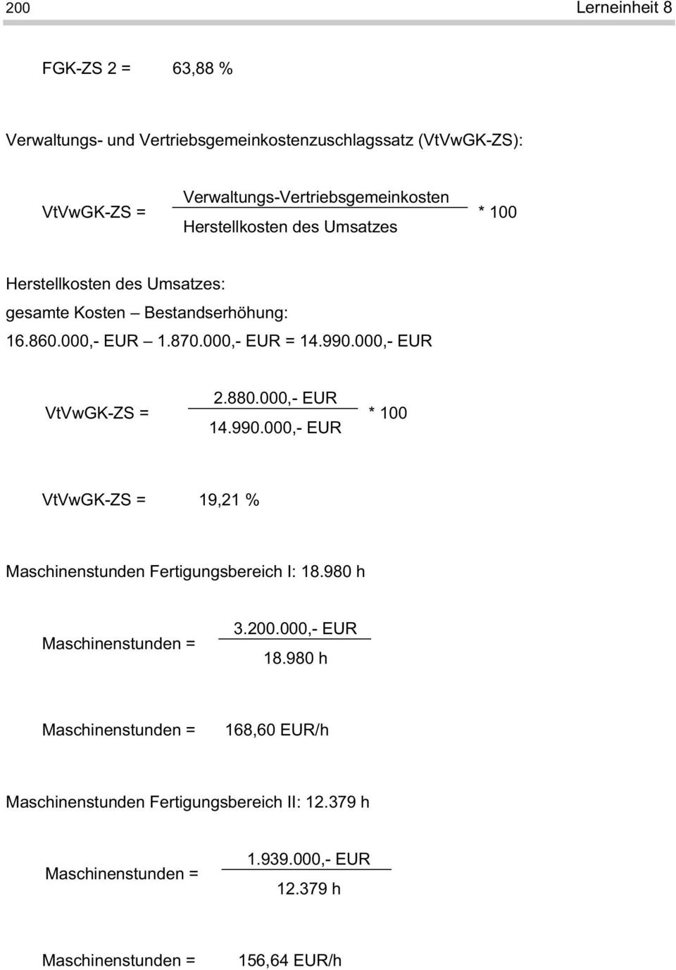 000,- EUR VtVwGK-ZS = 2.880.000,- EUR 14.990.000,- EUR * 100 VtVwGK-ZS = 19,21 % Maschinenstunden Fertigungsbereich I: 18.980 h Maschinenstunden = 3.200.