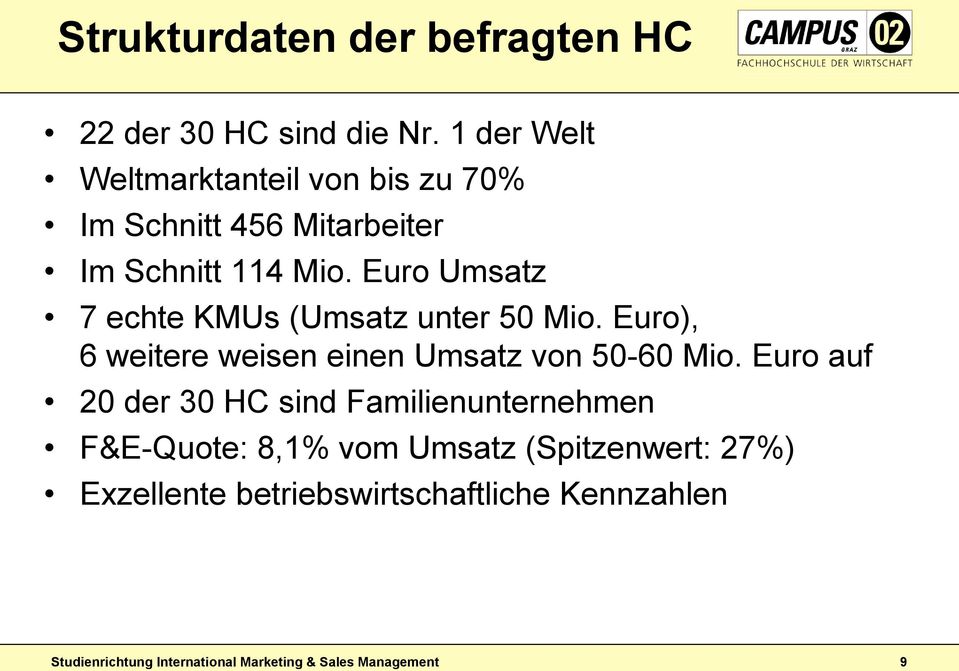 Euro Umsatz 7 echte KMUs (Umsatz unter 50 Mio. Euro), 6 weitere weisen einen Umsatz von 50-60 Mio.