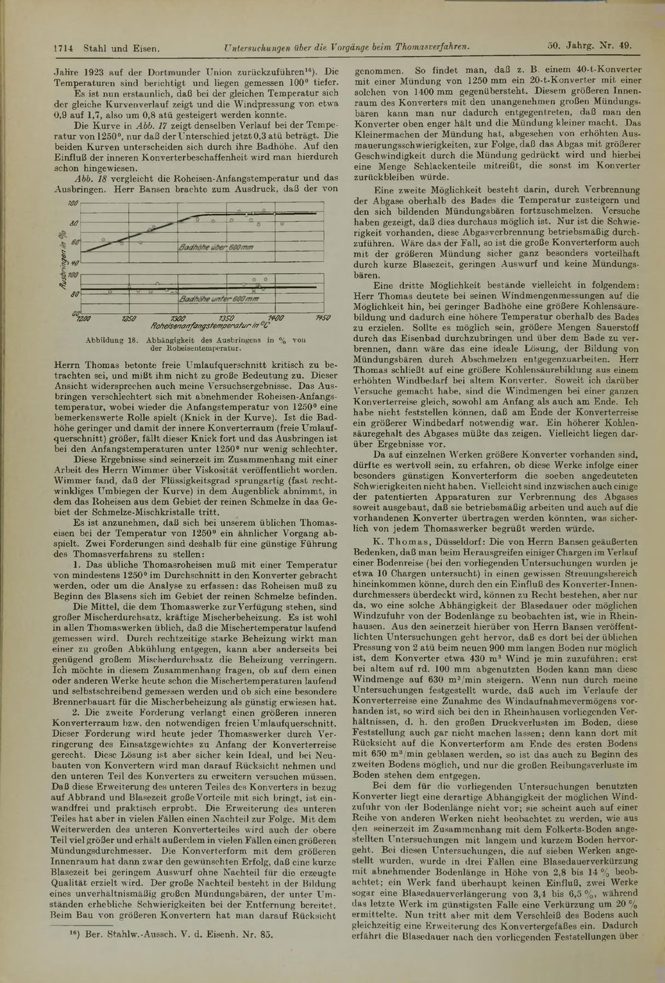 Es ist nun erstaunlich, daß bei der gleichen Tem peratur sich der gleiche Kurvenverlauf zeigt und die W indpressung von etwa 0,9 auf 1,7, also um 0,8 atü gesteigert werden konnte. Die Kurve in Abb.