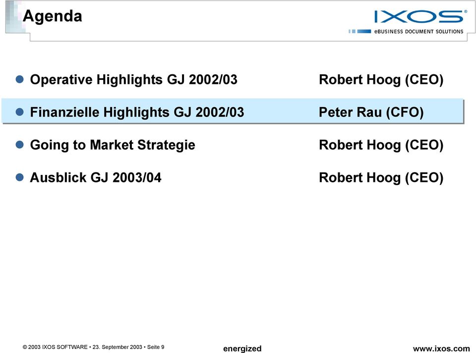 GJ 2003/04 Robert Hoog (CEO) Peter Rau (CFO) Robert Hoog