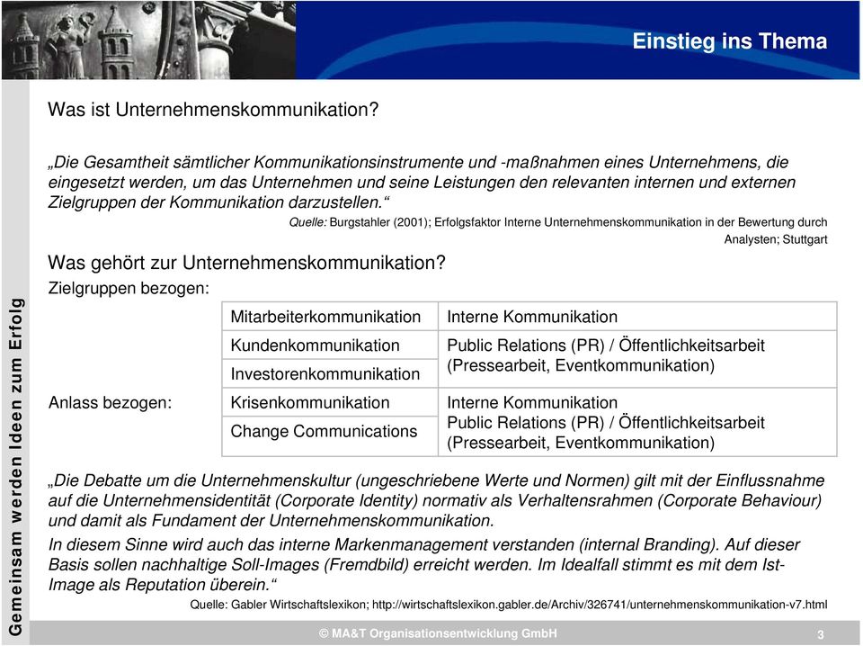 der Kommunikation darzustellen. Quelle: Burgstahler (2001); Erfolgsfaktor Interne Unternehmenskommunikation in der Bewertung durch Analysten; Stuttgart Was gehört zur Unternehmenskommunikation?