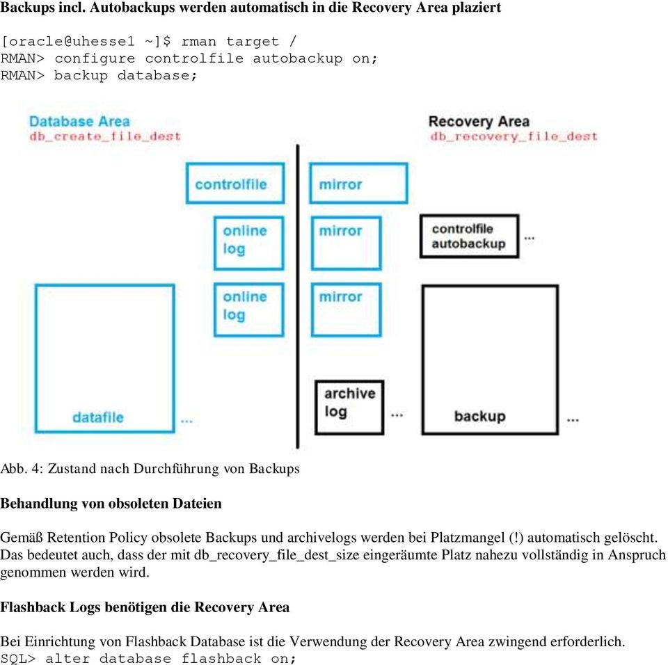 4: Zustand nach Durchführung von Backups Behandlung von obsoleten Dateien Gemäß Retention Policy obsolete Backups und archivelogs werden bei Platzmangel (!