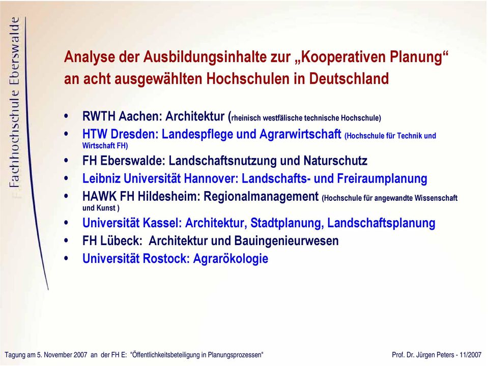 Naturschutz Leibniz Universität Hannover: Landschafts- und Freiraumplanung HAWK FH Hildesheim: Regionalmanagement (Hochschule für angewandte Wissenschaft