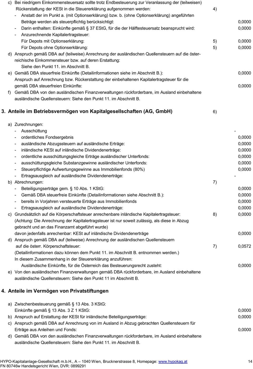 w. b. (ohne Optionserklärung) angeführten Beträge werden als steuerpflichtig berücksichtigt: 0,0000 - Darin enthalten: Einkünfte gemäß 37 EStG, für die der Hälftesteuersatz beansprucht wird: 0,0000 -