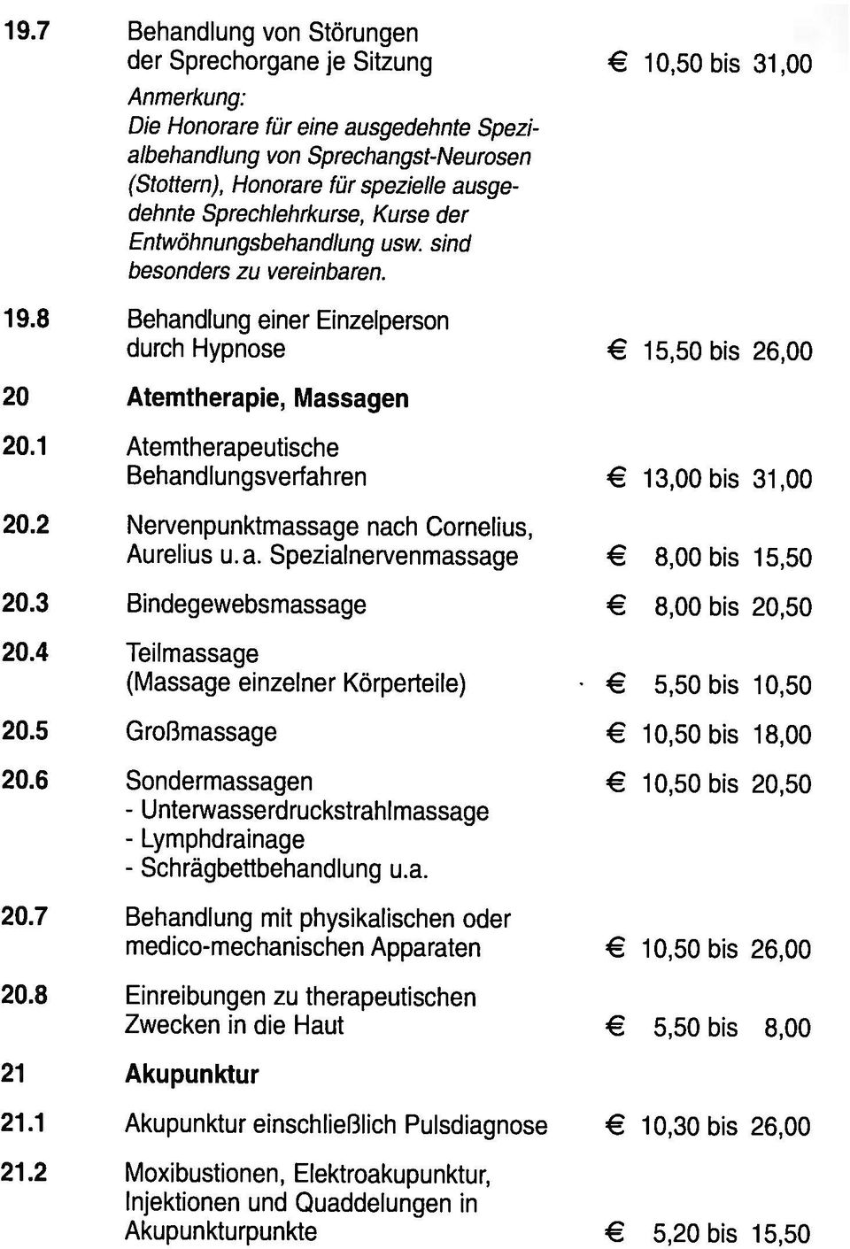1 Atemtherapeutische Behandlungsverfahren 13,00 bis 31,00 20.2 Nervenpunktmassage nach Cornelius, Aurelius u.a. Spezialnervenmassage 8,00 bis 15,50 20.3 Bindegewebsmassage 8,00 bis 20,50 20.