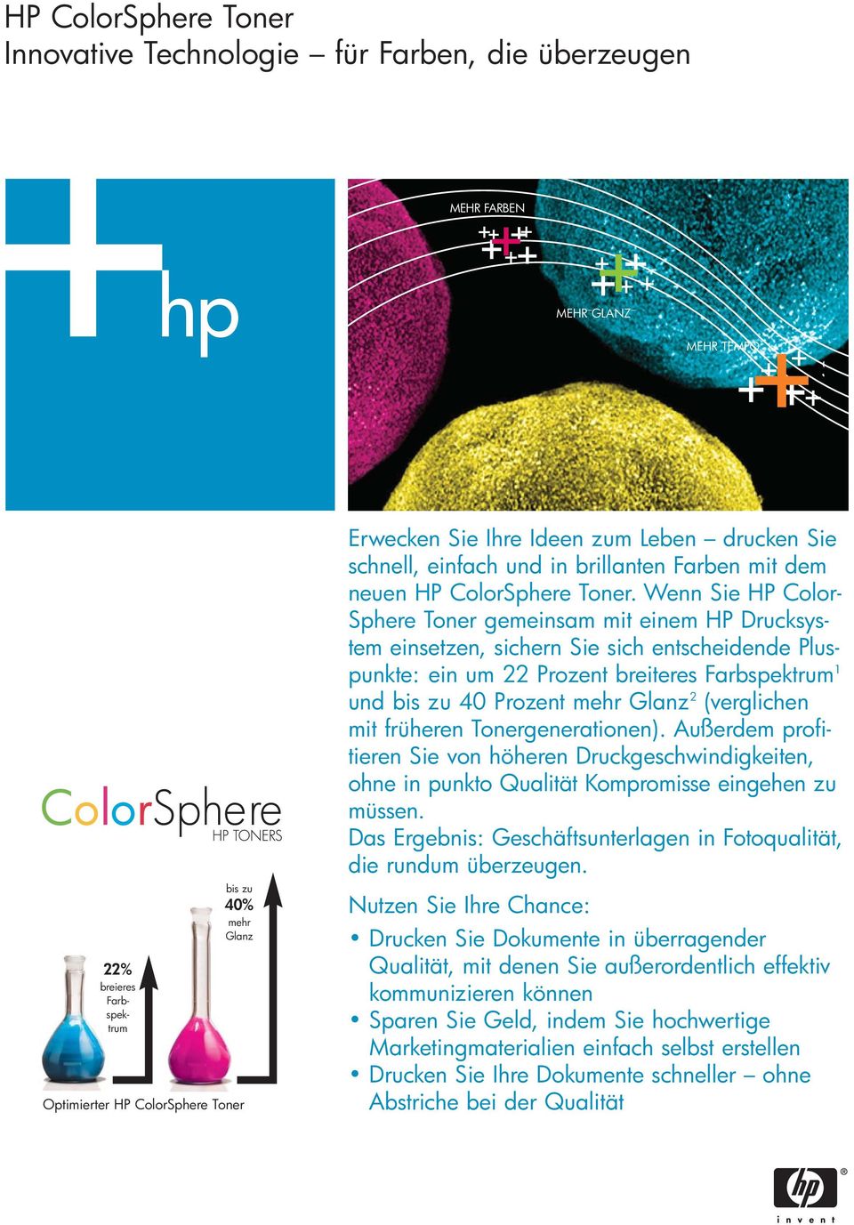 Wenn Sie HP Color- Sphere Toner gemeinsam mit einem HP Drucksystem einsetzen, sichern Sie sich entscheidende Pluspunkte: ein um 22 Prozent breiteres Farbspektrum 1 und bis zu 40 Prozent mehr Glanz 2