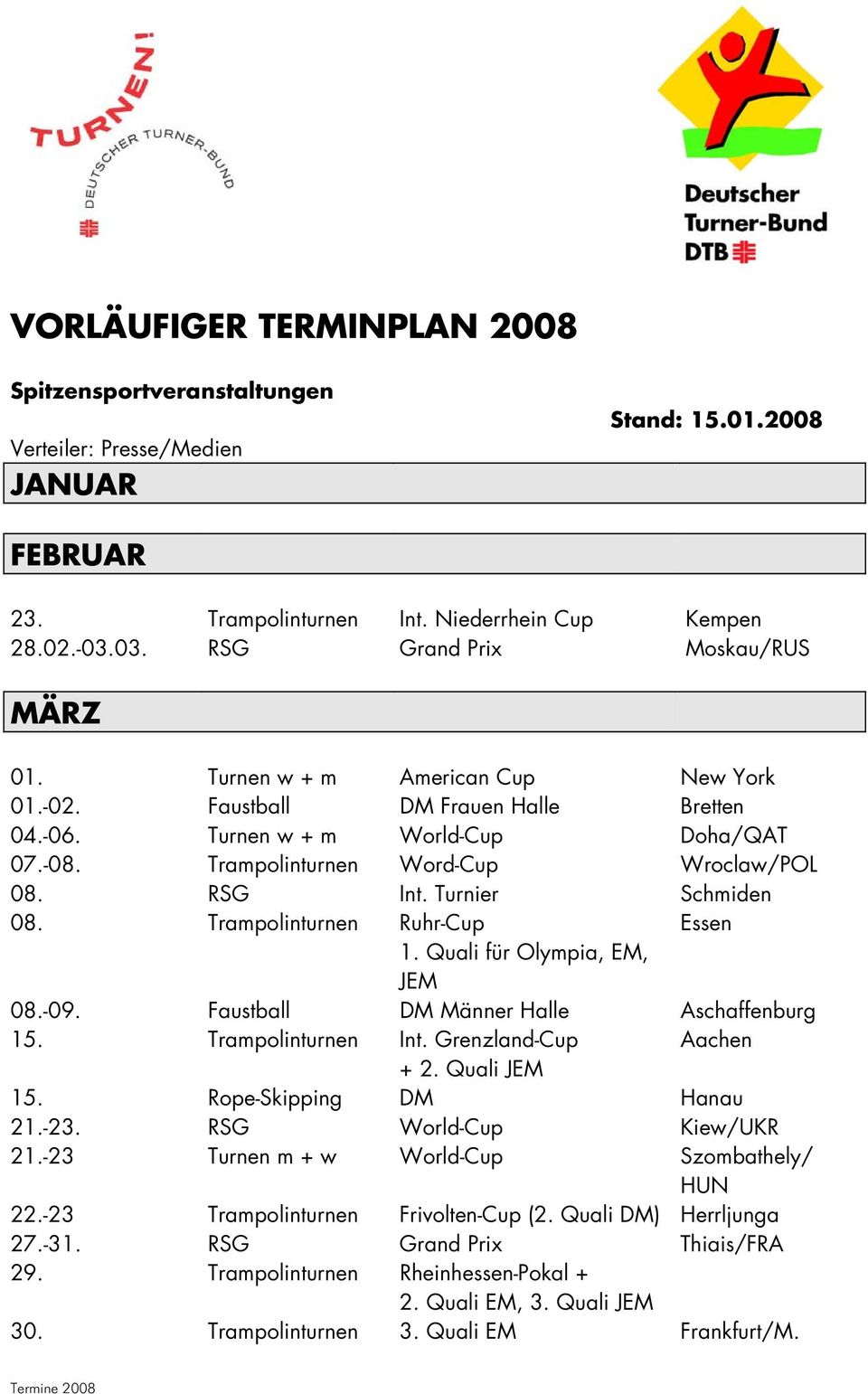 Trampolinturnen Word-Cup Wroclaw/POL 08. RSG Int. Turnier Schmiden 08. Trampolinturnen Ruhr-Cup Essen 1. Quali für Olympia, EM, JEM 08.-09. Faustball DM Männer Halle Aschaffenburg 15.