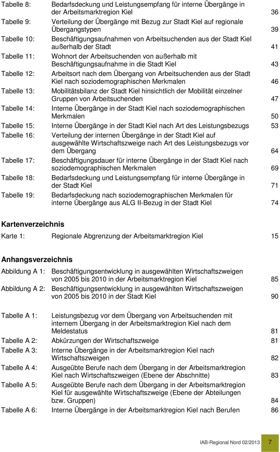 Tabelle 12: Arbeitsort nach dem Übergang von Arbeitsuchenden aus der Stadt Kiel nach soziodemographischen Merkmalen 46 Tabelle 13: Mobilitätsbilanz der Stadt Kiel hinsichtlich der Mobilität einzelner