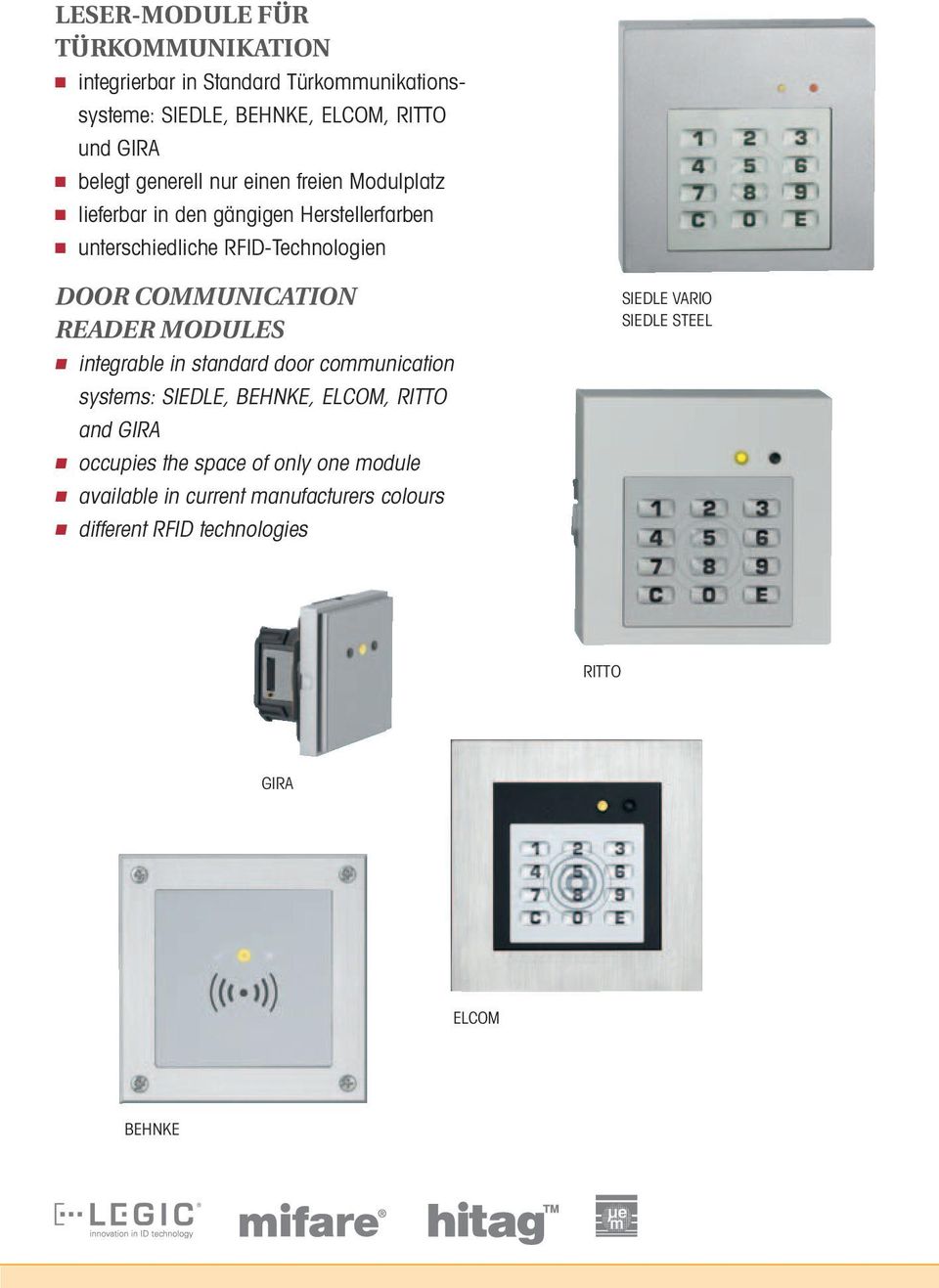 COMMUNICATION READER MODULES integrable in standard door communication systems: SIEDLE, BEHNKE, ELCOM, RITTO and GIRA occupies the