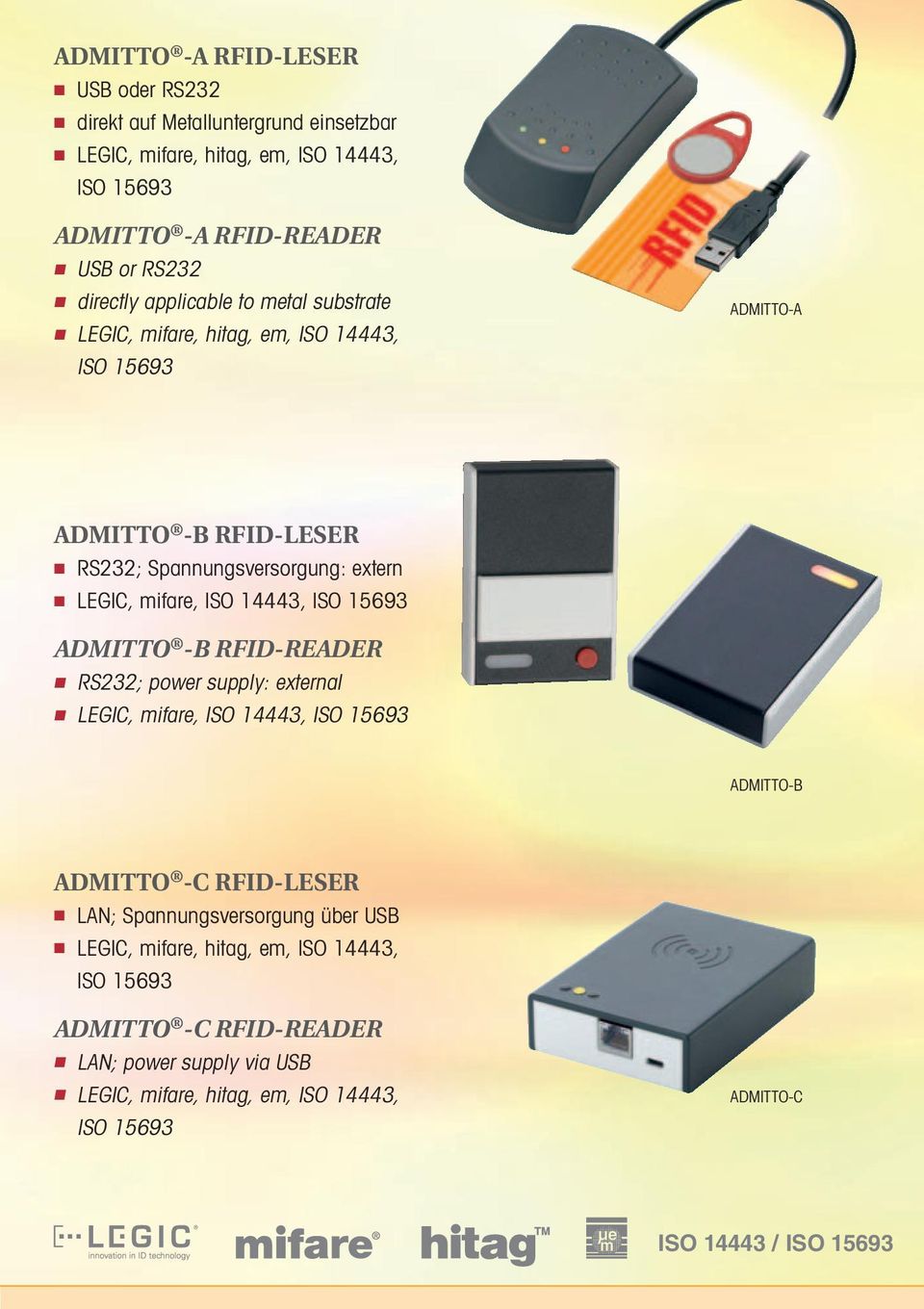 ISO 15693 ADMITTO -B RFID-READER RS232; power supply: external LEGIC, mifare, ISO 14443, ISO 15693 ADMITTO-B ADMITTO -C RFID-LESER LAN; Spannungsversorgung über USB
