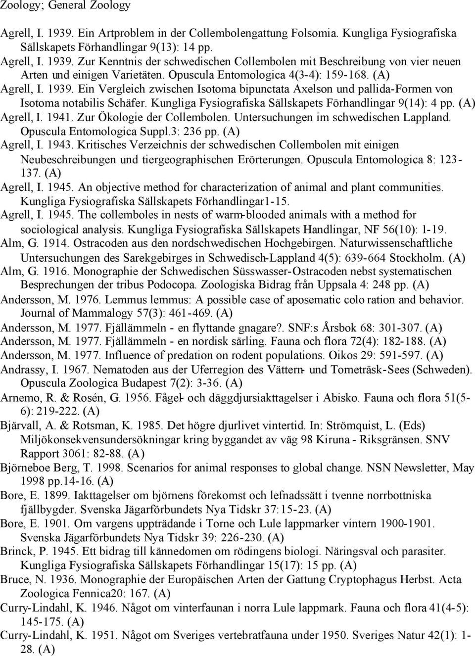 Kungliga Fysiografiska Sällskapets Förhandlingar 9(14): 4 pp. Agrell, I. 1941. Zur Ökologie der Collembolen. Untersuchungen im schwedischen Lappland. Opuscula Entomologica Suppl.3: 236 pp. Agrell, I. 1943.