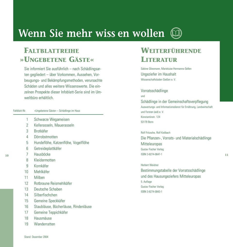 Sabine Gliesmann, Marieluise Hermanns-Sellen Ungeziefer im Haushalt Wissenschaftsladen Gießen e. V. Vorratsschädlinge und Schädlinge in der Gemeinschaftsverpflegung Faltblatt-Nr.