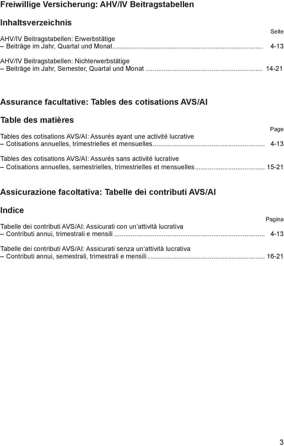.. 14-21 Assurance facultative: Tables des cotisations AVS/AI Table des matières Page Tables des cotisations AVS/AI: Assurés ayant une activité lucrative Cotisations annuelles, trimestrielles et