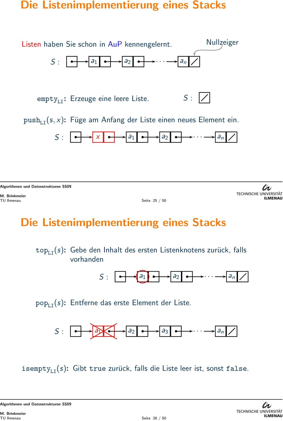 S : x a 1 a 2 a n TU Ilmenau Seite 25 / 50 Die Listenimplementierung eines Stacks top LI (s): Gebe den Inhalt des ersten Listenknotens