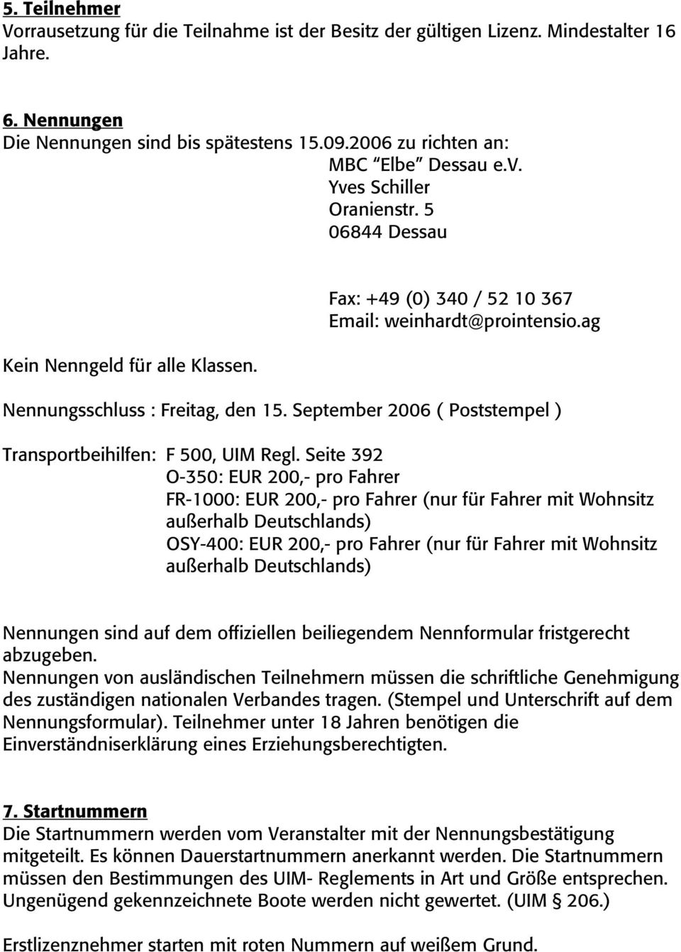 September 2006 ( Poststempel ) Transportbeihilfen: F 500, UIM Regl.