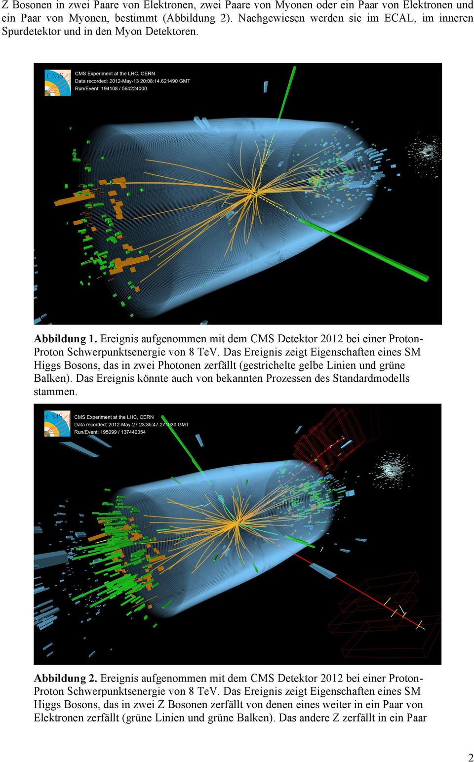 Das Ereignis zeigt Eigenschaften eines SM Higgs Bosons, das in zwei Photonen zerfällt (gestrichelte gelbe Linien und grüne Balken).