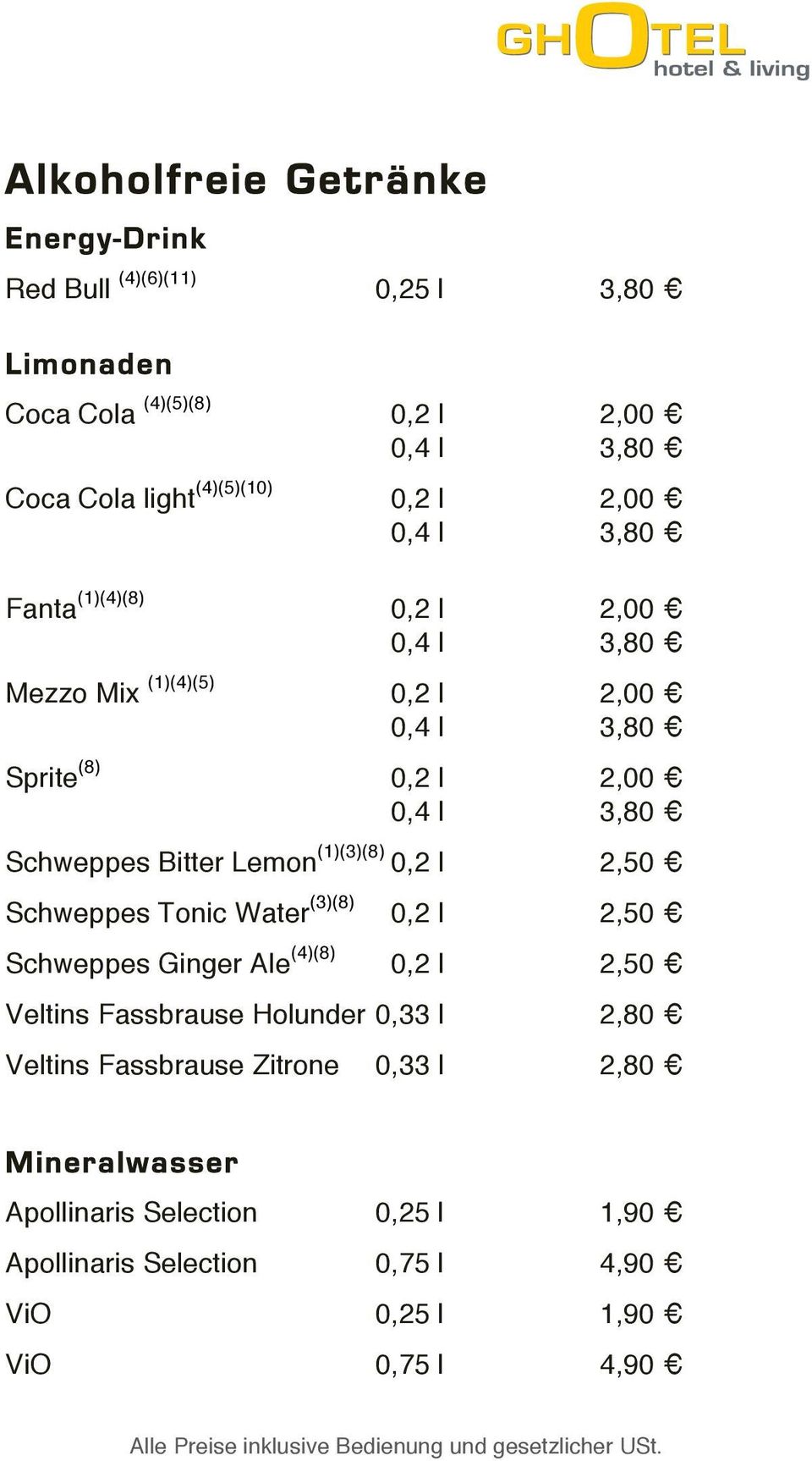 Bitter Lemon (1)(3)(8) 0,2 l 2,50 Schweppes Tonic Water (3)(8) 0,2 l 2,50 Schweppes Ginger Ale (4)(8) 0,2 l 2,50 Veltins Fassbrause Holunder 0,33 l