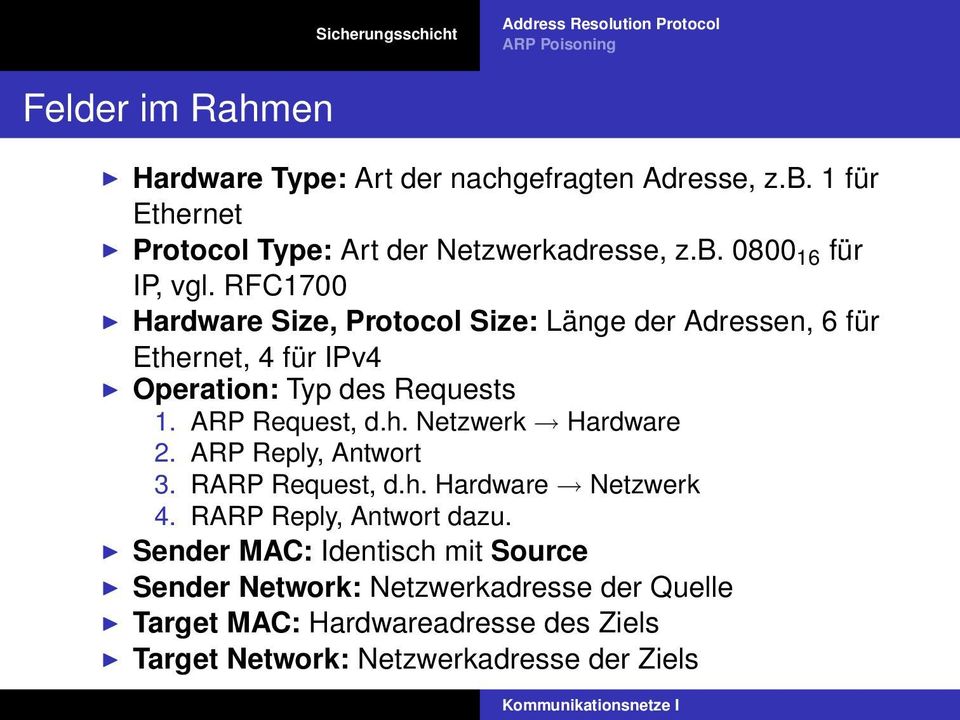 RFC1700 Hardware Size, Protocol Size: Länge der Adressen, 6 für Ethernet, 4 für IPv4 Operation: Typ des Requests 1. ARP Request, d.h. Netzwerk Hardware 2.