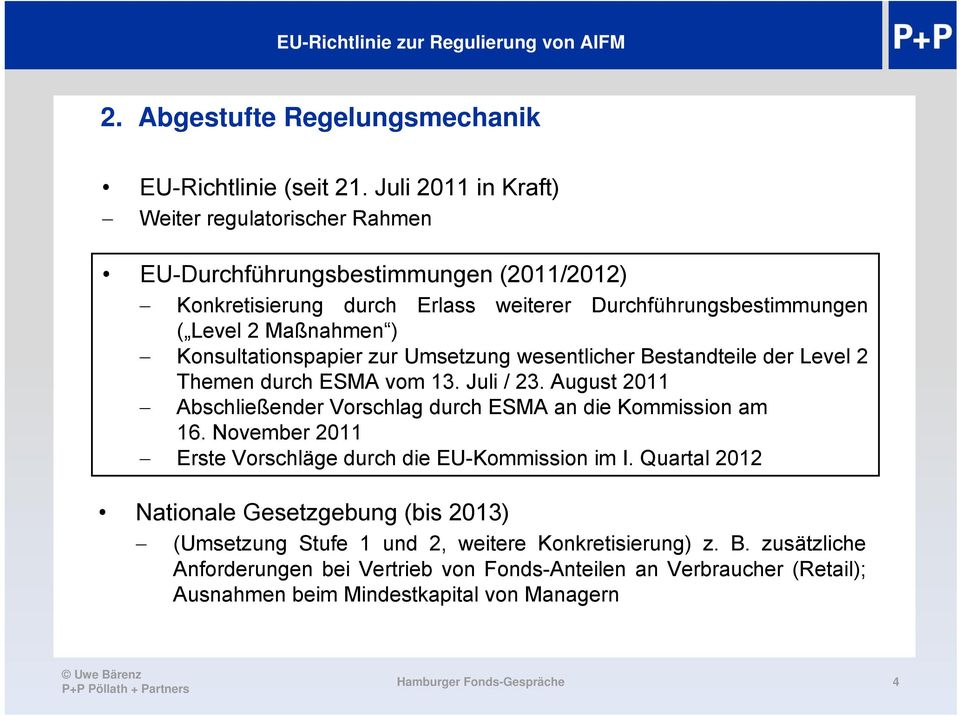 Konsultationspapier zur Umsetzung wesentlicher Bestandteile der Level 2 Themen durch ESMA vom 13. Juli / 23. August 2011 Abschließender Vorschlag durch ESMA an die Kommission am 16.