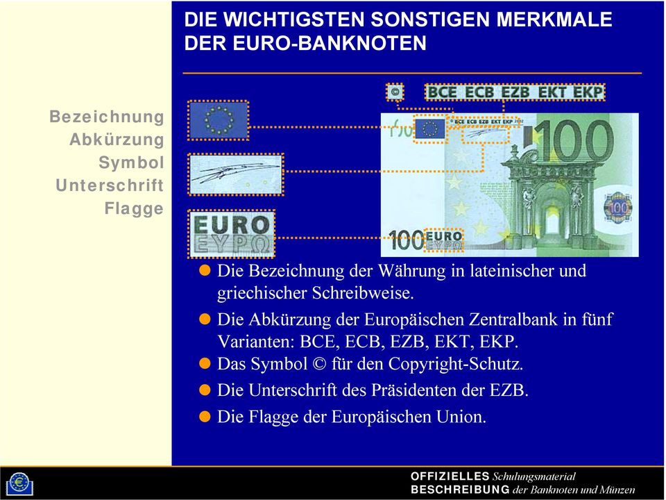Die Abkürzung der Europäischen Zentralbank in fünf Varianten: BCE, ECB, EZB, EKT, EKP.
